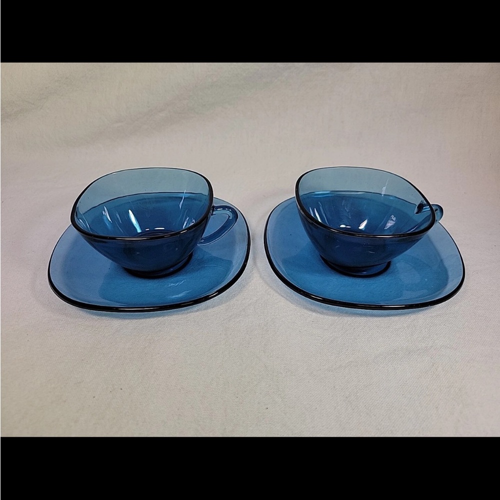MCM Vereco Blue Glass Teacup and Saucer Set. Fine & Final